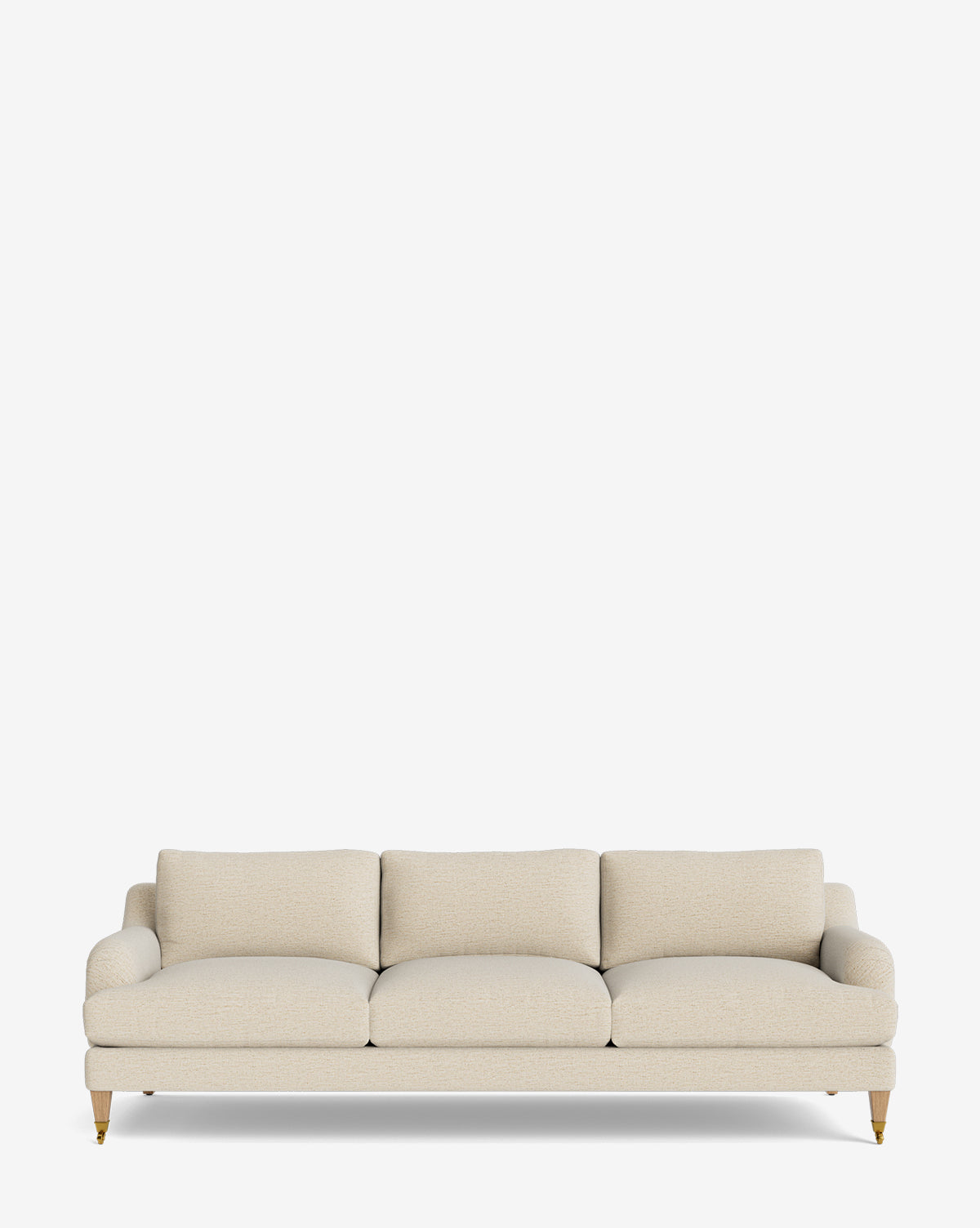The Lucille English Roll Arm Sofa 90.5 features a cream color, three down-wrapped seat cushions, three back cushions, and wooden legs with brass casters, shown against a plain white background by McGee & Co.