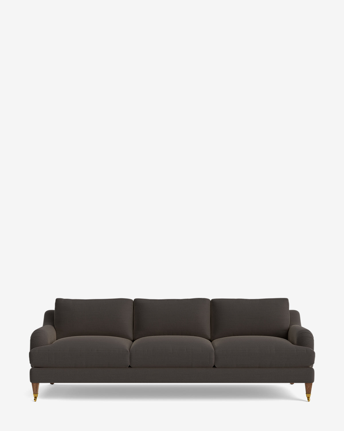The Lucille English Roll Arm Sofa 90.5 is a modern dark gray three-seater with plush, down-wrapped cushions, gently curved arms, and short wooden legs, shown against a plain white background by McGee & Co.