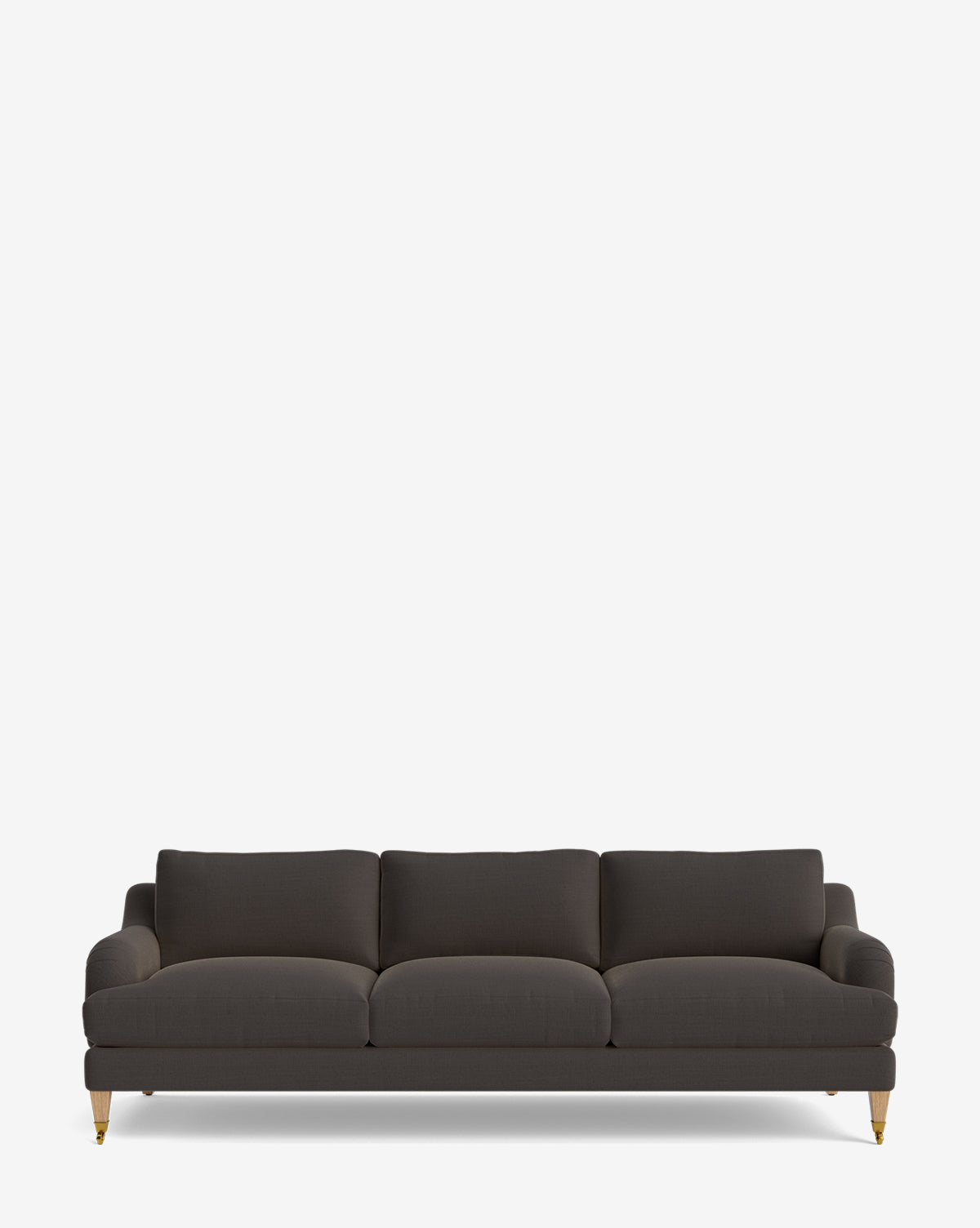 The Lucille English Roll Arm Sofa 90.5 is a modern, dark gray three-seater with down-wrapped cushions, low arms, and short wooden legs featuring gold casters, shown against a plain white background by McGee & Co.
