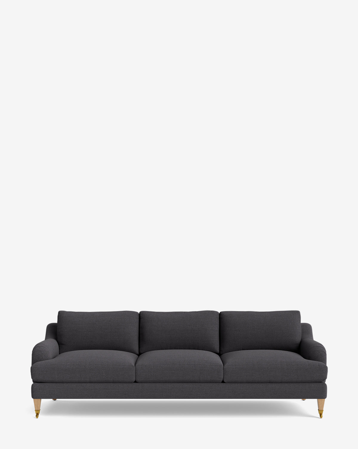 The Lucille English Roll Arm Sofa 90.5 features a modern dark gray design with plush, down-wrapped cushions and light wooden legs, shown here against a plain white background by McGee & Co.