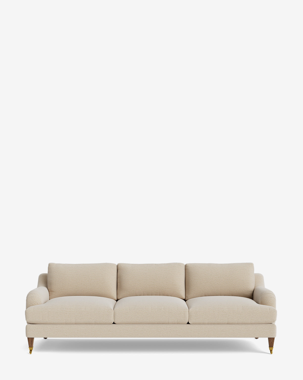 The Lucille English Roll Arm Sofa 90.5 is a cream-colored, three-seat sofa with plush down-wrapped cushions and wooden legs with brass castors, shown against a plain white background by McGee & Co.