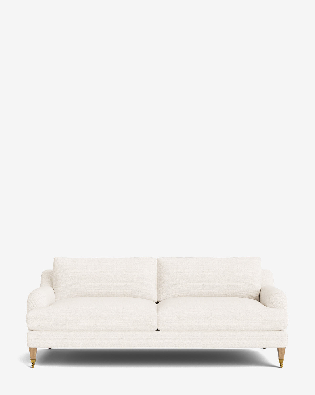 The Lucille English Roll Arm Sofa 78 is a modern white upholstered piece with wooden legs and gold metal accents, featuring customizable down-wrapped cushions for comfort, all shown against a plain white background, by McGee & Co.
