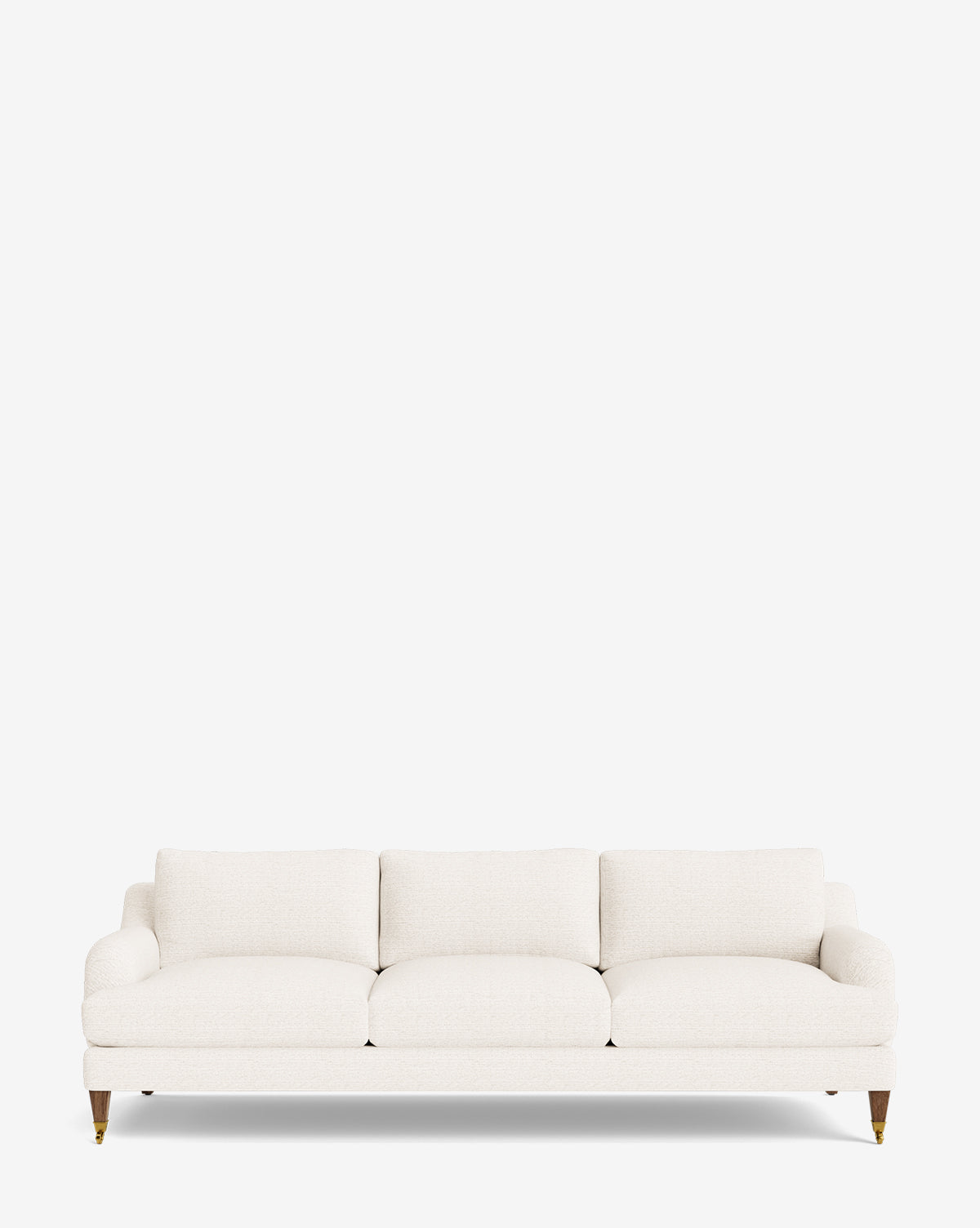 The Lucille English Roll Arm Sofa 90.5 is a modern three-seater with white upholstery, down-wrapped cushions, and wooden legs, shown on a plain white background by McGee & Co.