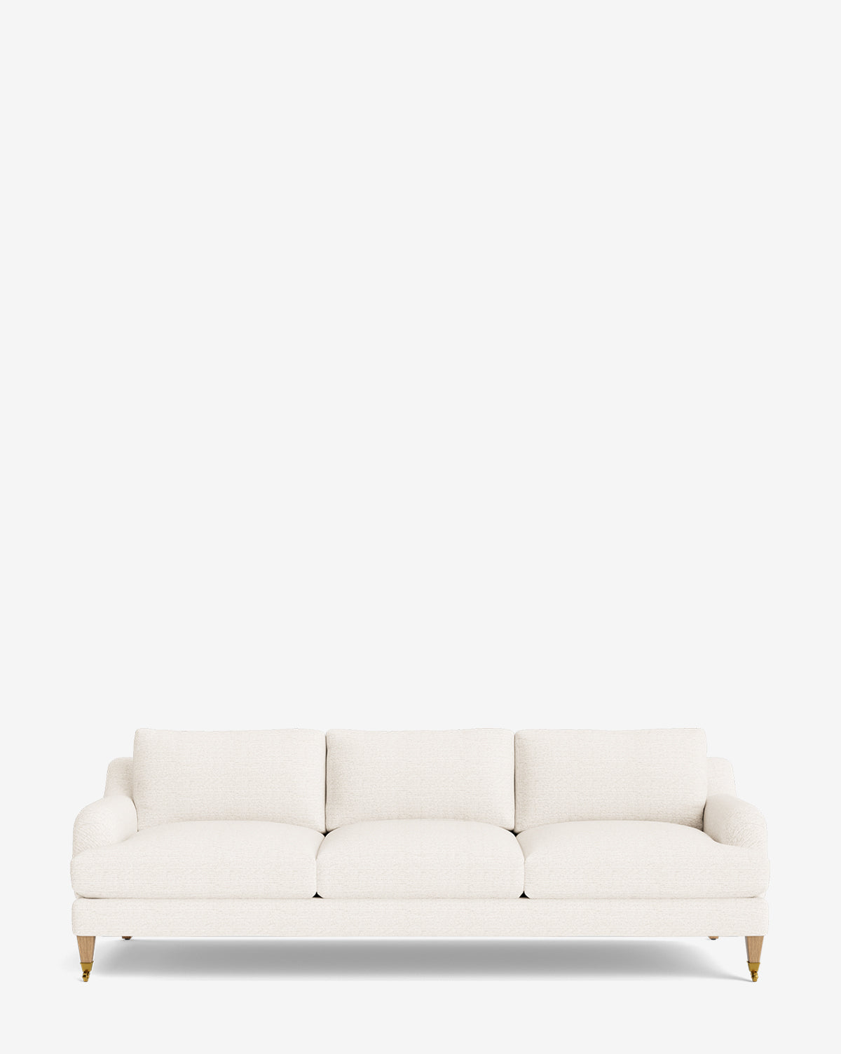 The Lucille English Roll Arm Sofa 90.5 is a modern, three-seater with white upholstery, down-wrapped cushions, and wooden legs with brass casters, shown against a plain white background by McGee & Co.