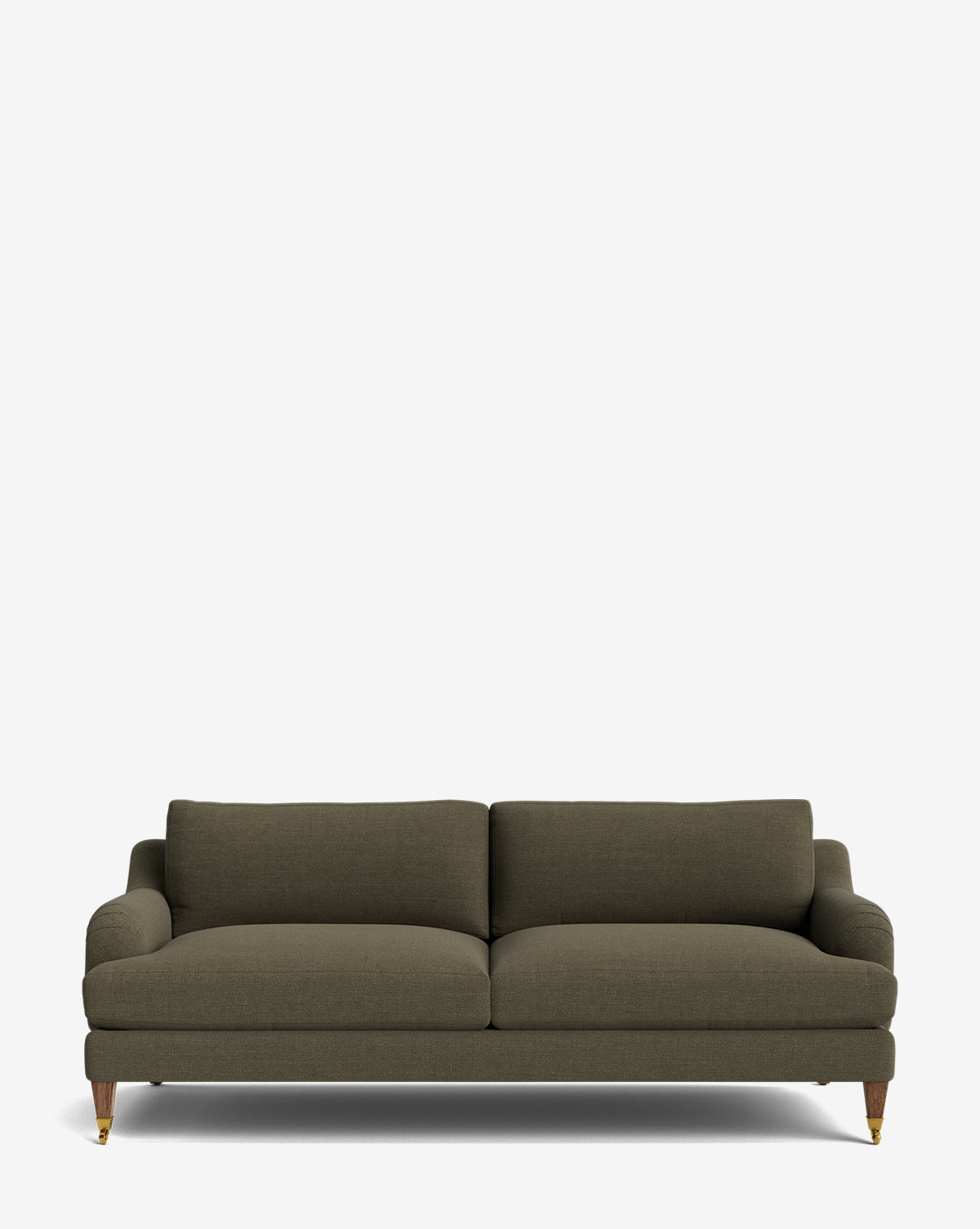 The Lucille English Roll Arm Sofa 78 is a modern olive green customizable sofa with down-wrapped cushions, gently curved arms, and wooden legs with gold tips, inspired by classic English design and shown against a plain white background by McGee & Co.