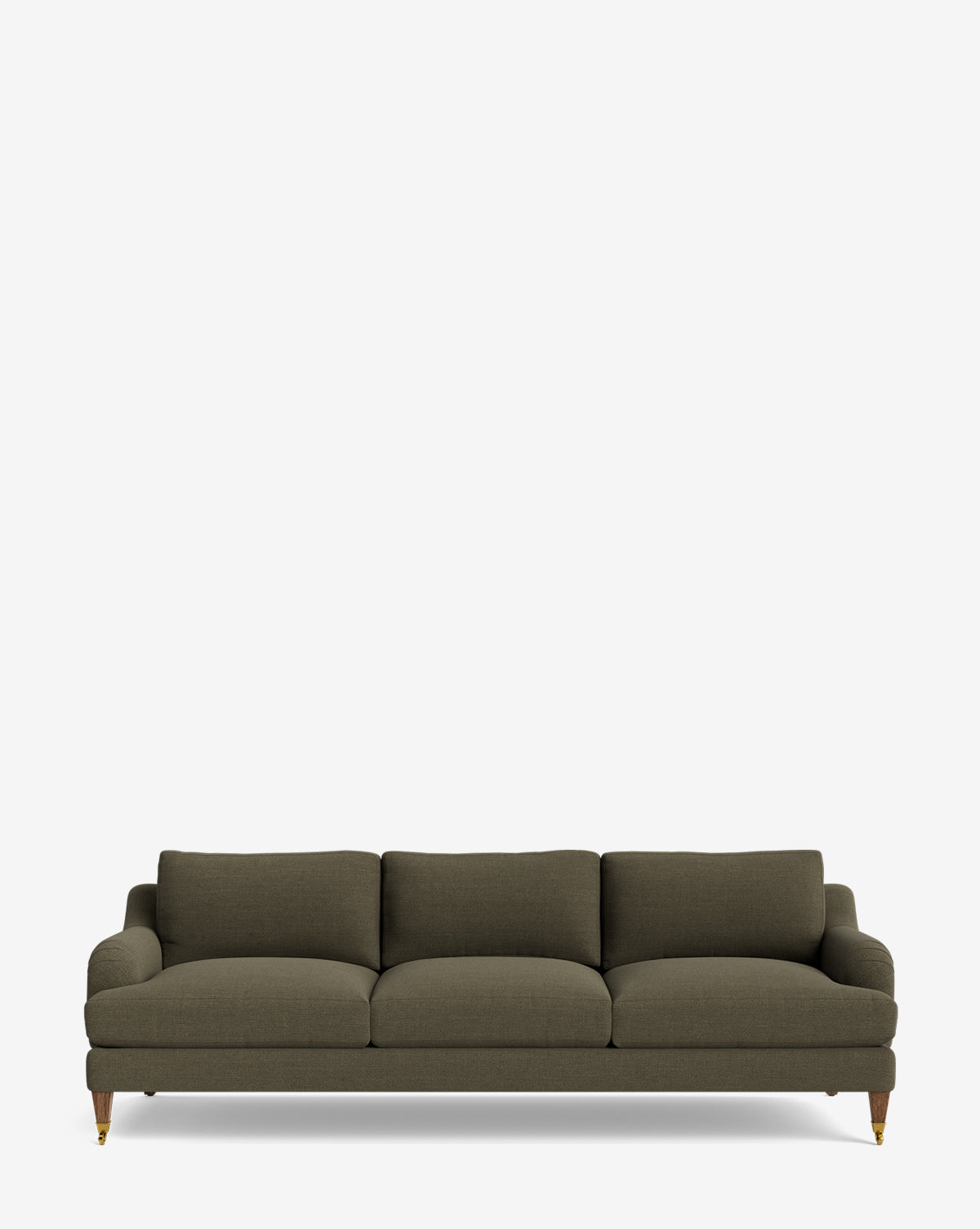 The Lucille English Roll Arm Sofa 90.5 is a modern olive-green sofa with curved armrests, plush down-wrapped cushions, and short wooden legs with brass casters, shown against a plain white background by McGee & Co.