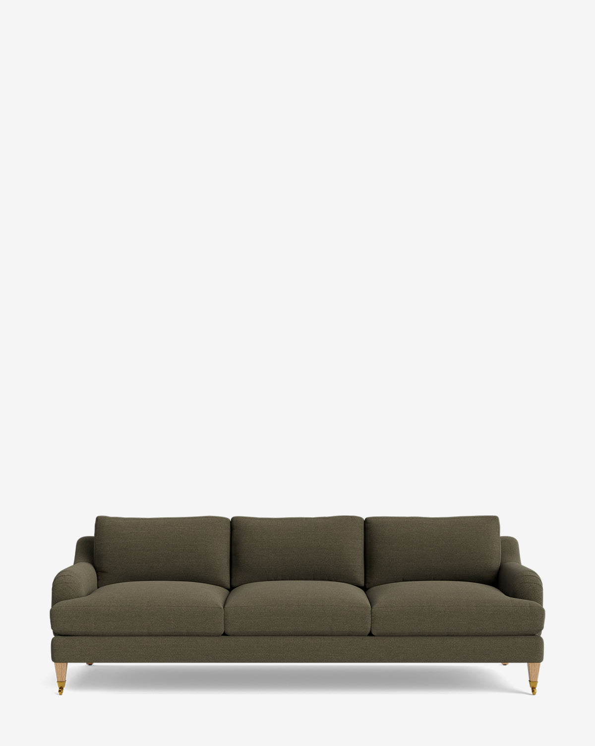 The Lucille English Roll Arm Sofa 90.5 features olive green upholstery, plush down-wrapped cushions, and wooden legs with brass casters on the front feet, shown against a plain white background by McGee & Co.