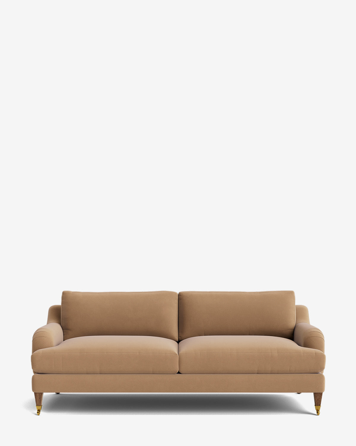 The Lucille English Roll Arm Sofa 78 features a tan finish, two down-wrapped seat cushions, two back cushions, and short wooden legs with metal casters, shown against a plain white background by McGee & Co.