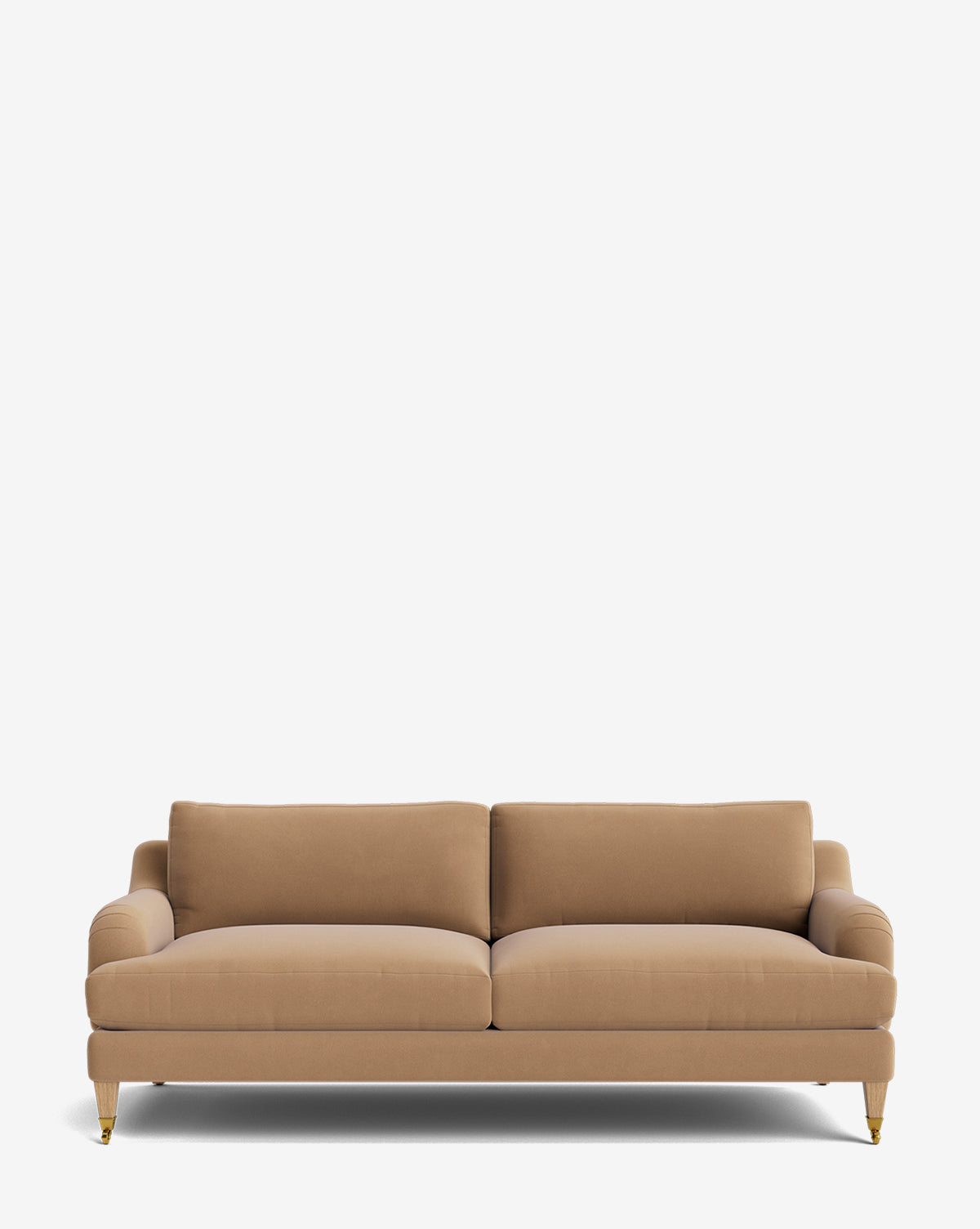The Lucille English Roll Arm Sofa 78 features tan upholstery, down-wrapped cushions, rounded arms, and gold-colored legs, set against a plain white background by McGee & Co.