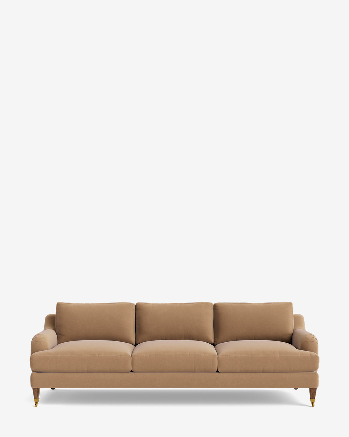 The Lucille English Roll Arm Sofa 90.5 is a modern tan sofa with three down-wrapped seat and three back cushions, rounded arms, and wooden legs with brass front casters, shown against a plain white background by McGee & Co.