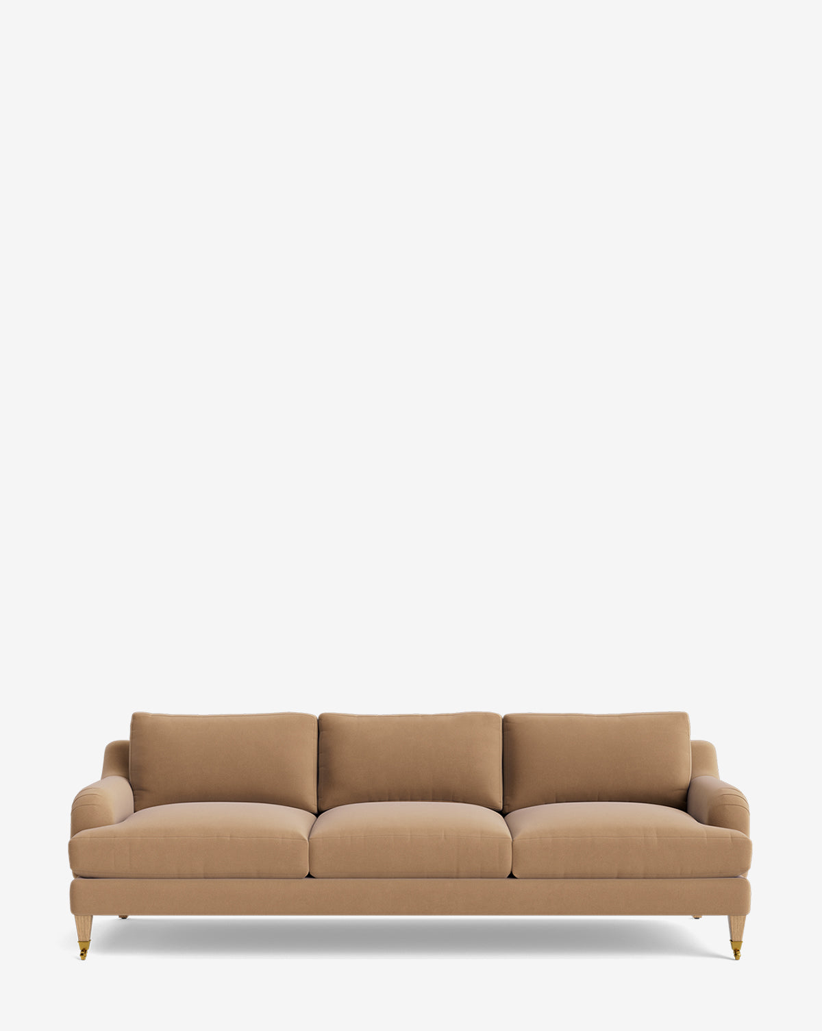 The Lucille English Roll Arm Sofa 90.5 is a tan, three-seat customizable sofa featuring plush down-wrapped cushions, rounded armrests, and short legs with gold accents, shown against a plain white background by McGee & Co.