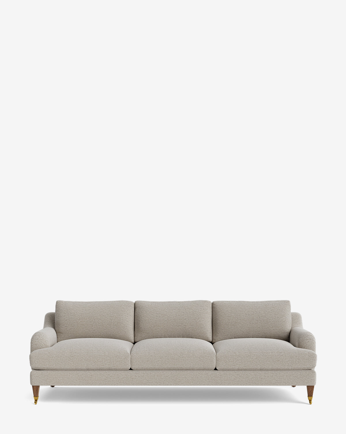 The Lucille English Roll Arm Sofa 90.5 features a modern light gray design with three down-wrapped seat and back cushions, low rounded arms, and wooden legs with gold casters. A customizable classic-comfort sofa shown on a plain white background by McGee & Co.
