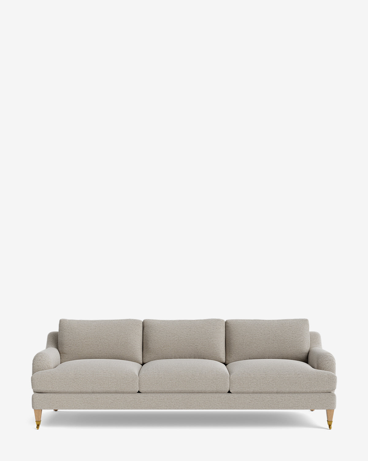 The Lucille English Roll Arm Sofa 90.5 is a modern light gray sofa with three seat cushions, three down-wrapped back cushions, and short wooden legs with brass casters, set against a plain white background for an elegant, customizable look by McGee & Co.