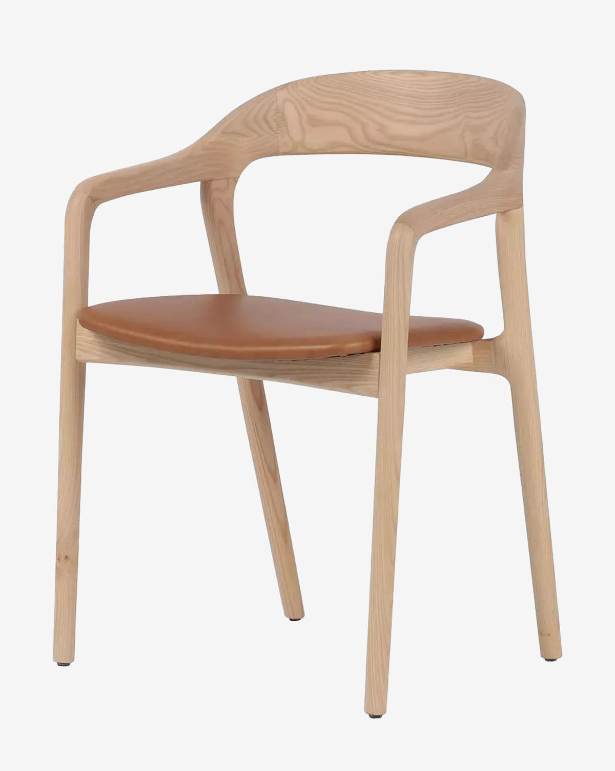 The Lucinda Dining Armchair features a curved backrest and armrests in light wood with a brown top grain leather seat. Its minimalist Scandinavian-inspired design is highlighted by smooth, clean lines for a modern look, by McGee & Co.