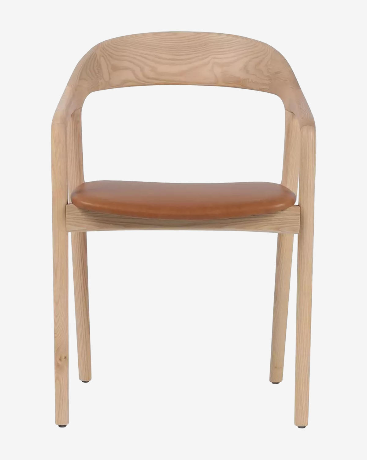 The Lucinda Dining Armchair features a modern wooden frame, a curved backrest, and a tan top grain leather seat cushion, shown from the front against a plain white background by McGee & Co.