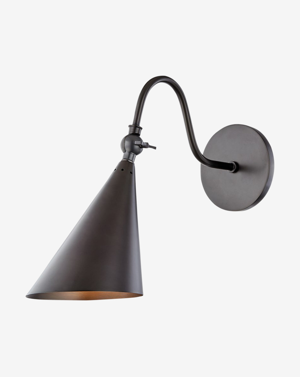 The Lupe Sconce by Hudson Valley Lighting features a modern black finish, round base, curved arm, and conical lampshade for adjustable lighting, shown against a plain white background. McGee & Co.