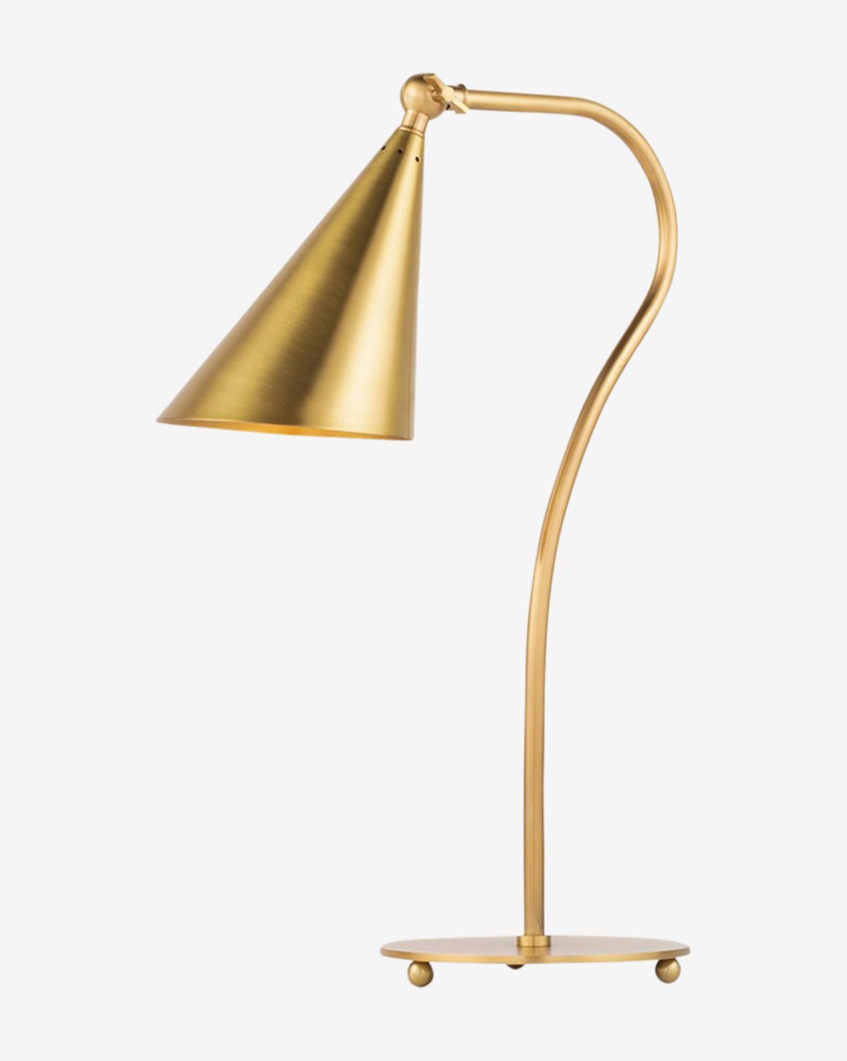 The Lupe Table Lamp features a modern brass design with a conical shade, curved stem, and round base, echoing mid-century style and shown against a plain white background by McGee & Co.