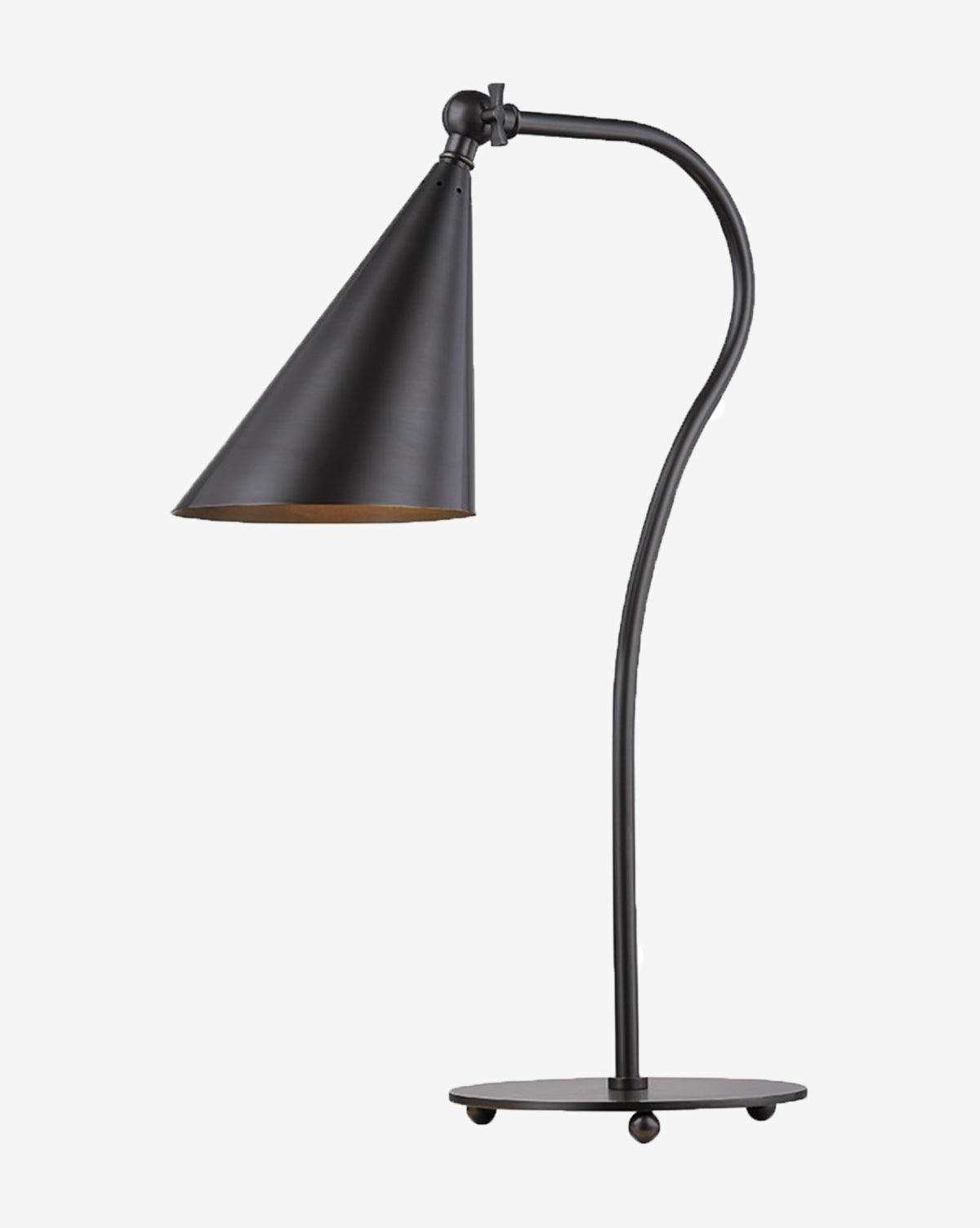 The Lupe Table Lamp, featuring a modern black metal design with a conical shade, curved neck, and round flat base, stands upright against a plain light background by McGee & Co.