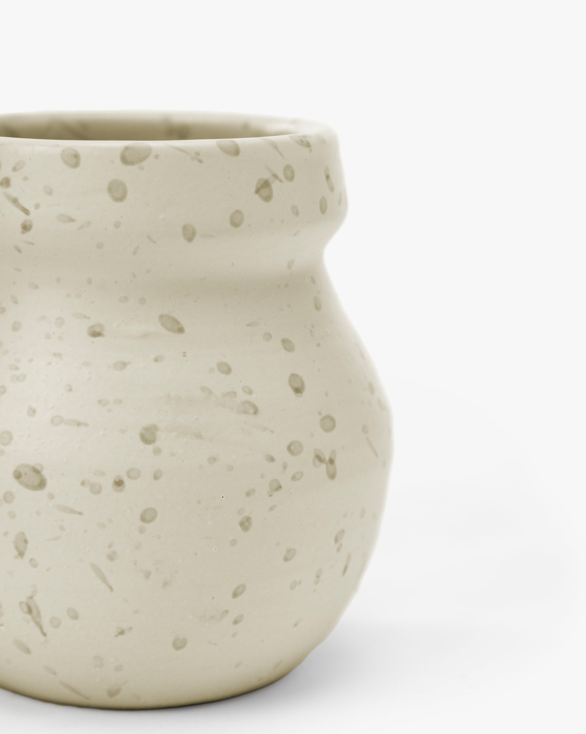 A close-up of the Lyra Vase, a modern piece featuring a speckled finish, rounded body, narrow neck, and brown accents, set against a plain white background, by McGee & Co.