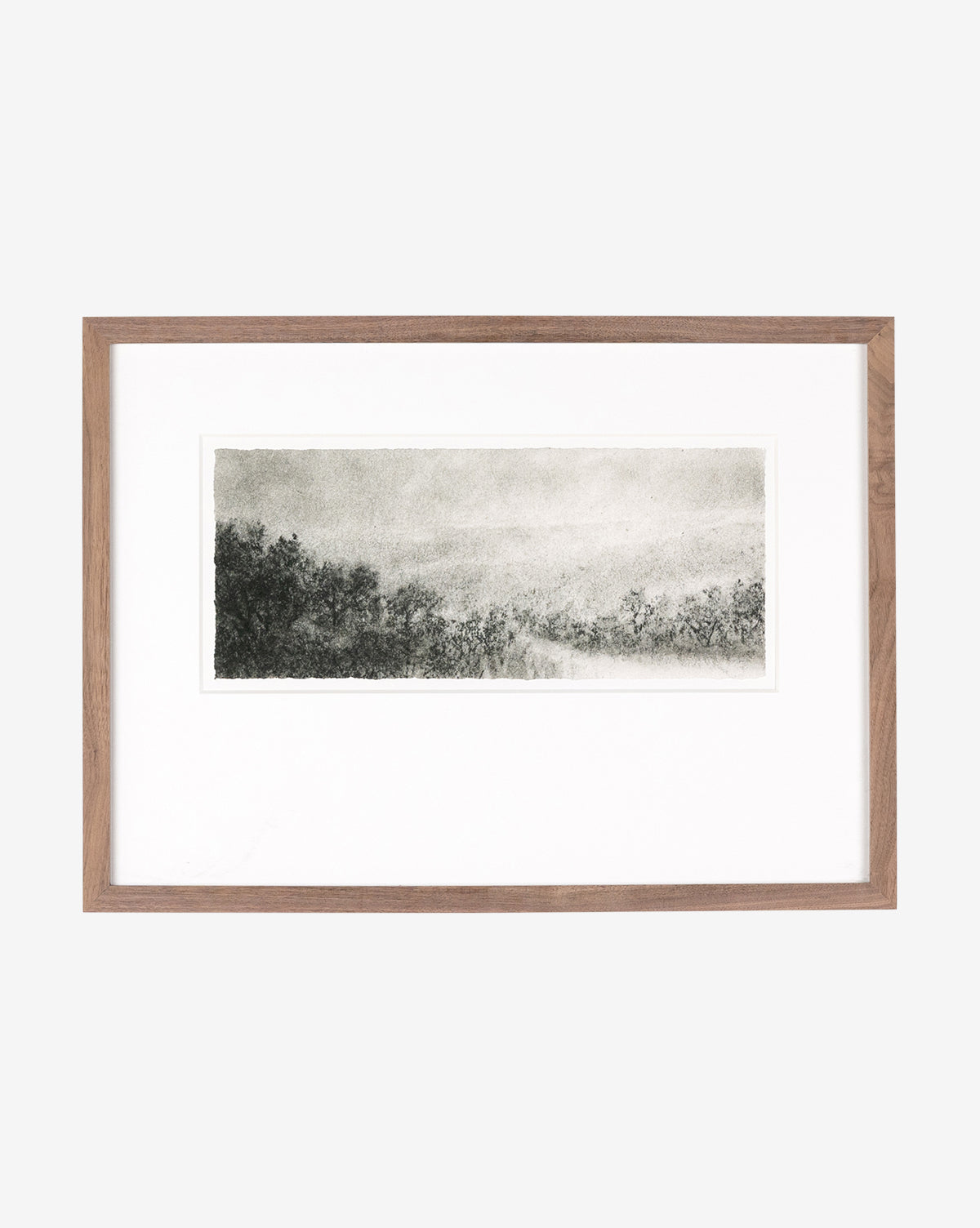 Hill Country Study I by Aileen Fitzgerald is a museum-quality framed monochrome landscape, reminiscent of a charcoal drawing, with misty trees in the foreground and a hazy grayscale sky above.