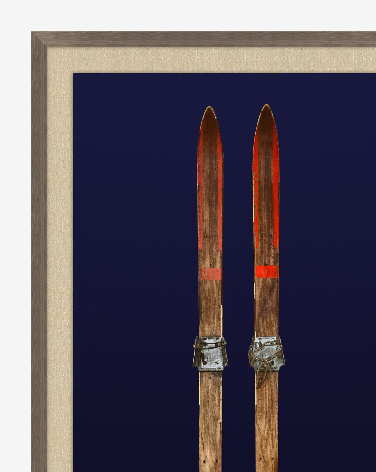 Antique Navy Skis I: Two vintage wood skis with orange stripes and metal bindings displayed vertically on a navy background, framed in dark walnut woodgrain.