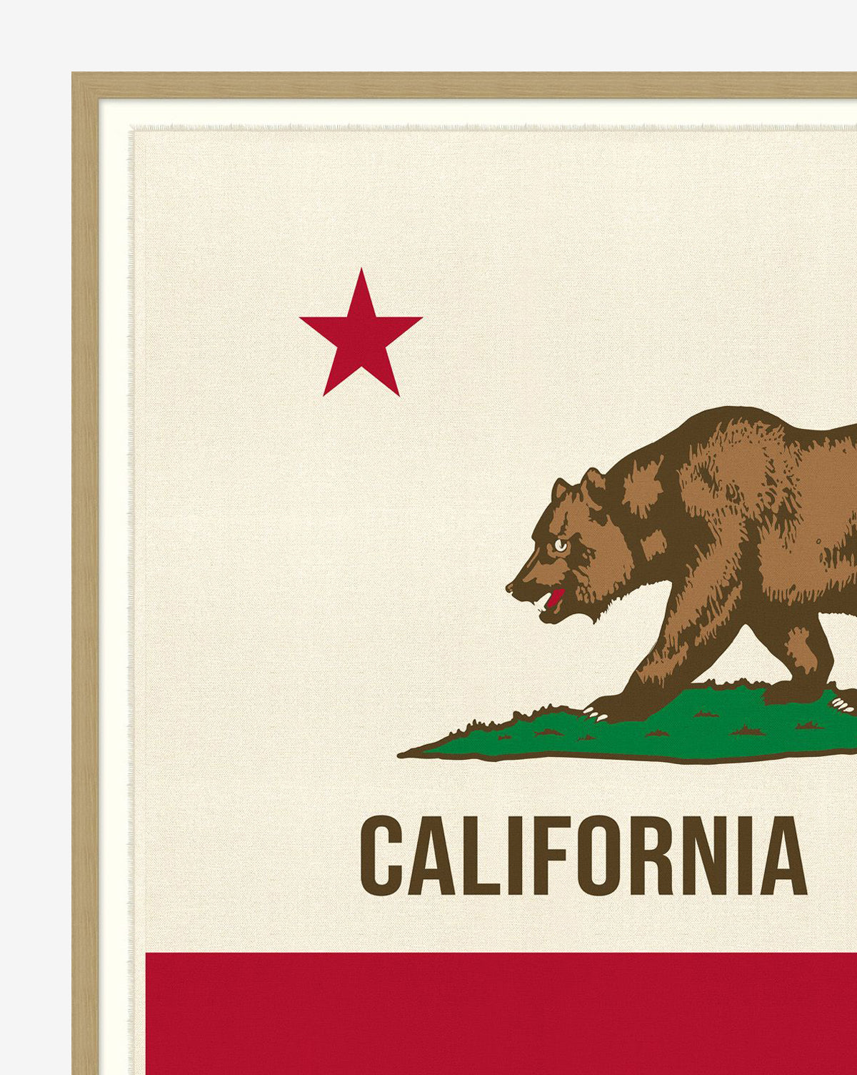 The image shows the California Flag on raw canvas, featuring a brown bear walking on green grass, a red star above, and CALIFORNIA in bold letters below.