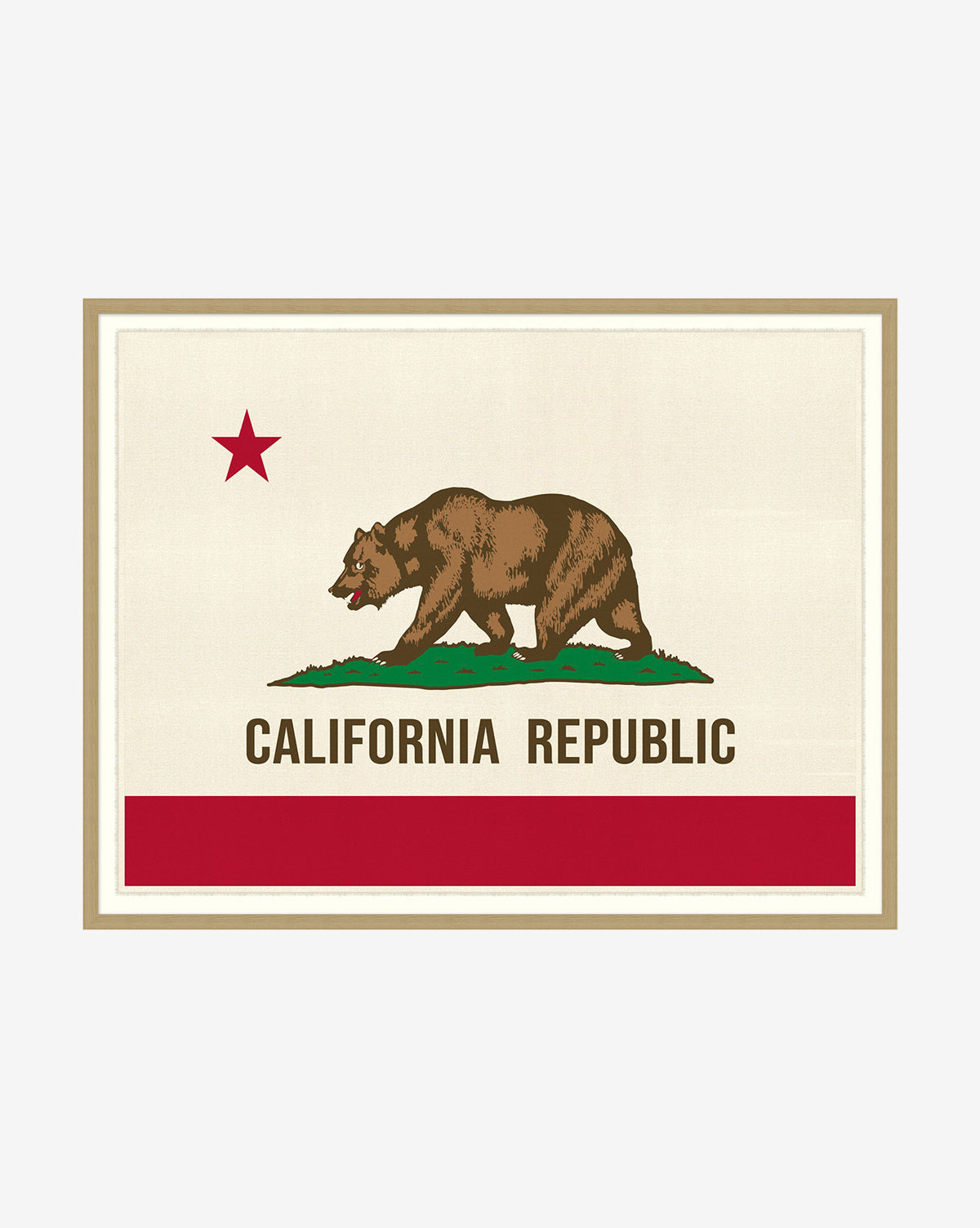 The image features the California Flag, showing a grizzly bear on grass, a red star at the top left, CALIFORNIA REPUBLIC below a red stripe—ideal as a giclee print or on raw canvas.