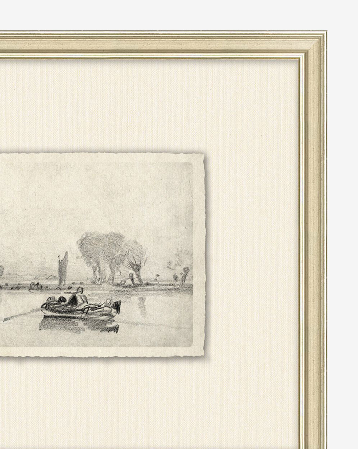 French Countryside V is a framed black-and-white linework sketch featuring a small rowboat with people on a calm river, trees along the bank, and a distant figure, mounted with a wide cream-colored mat.