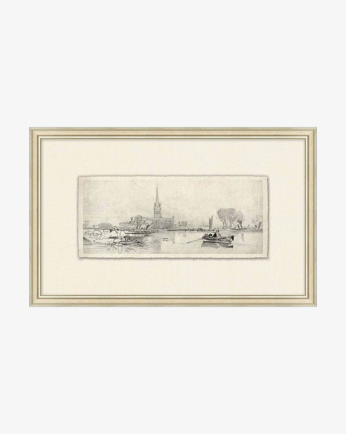 French Countryside V is a framed black and white linework sketch featuring a tranquil riverside with buildings, church steeple, trees, and rowers—classic French countryside art on a neutral background.