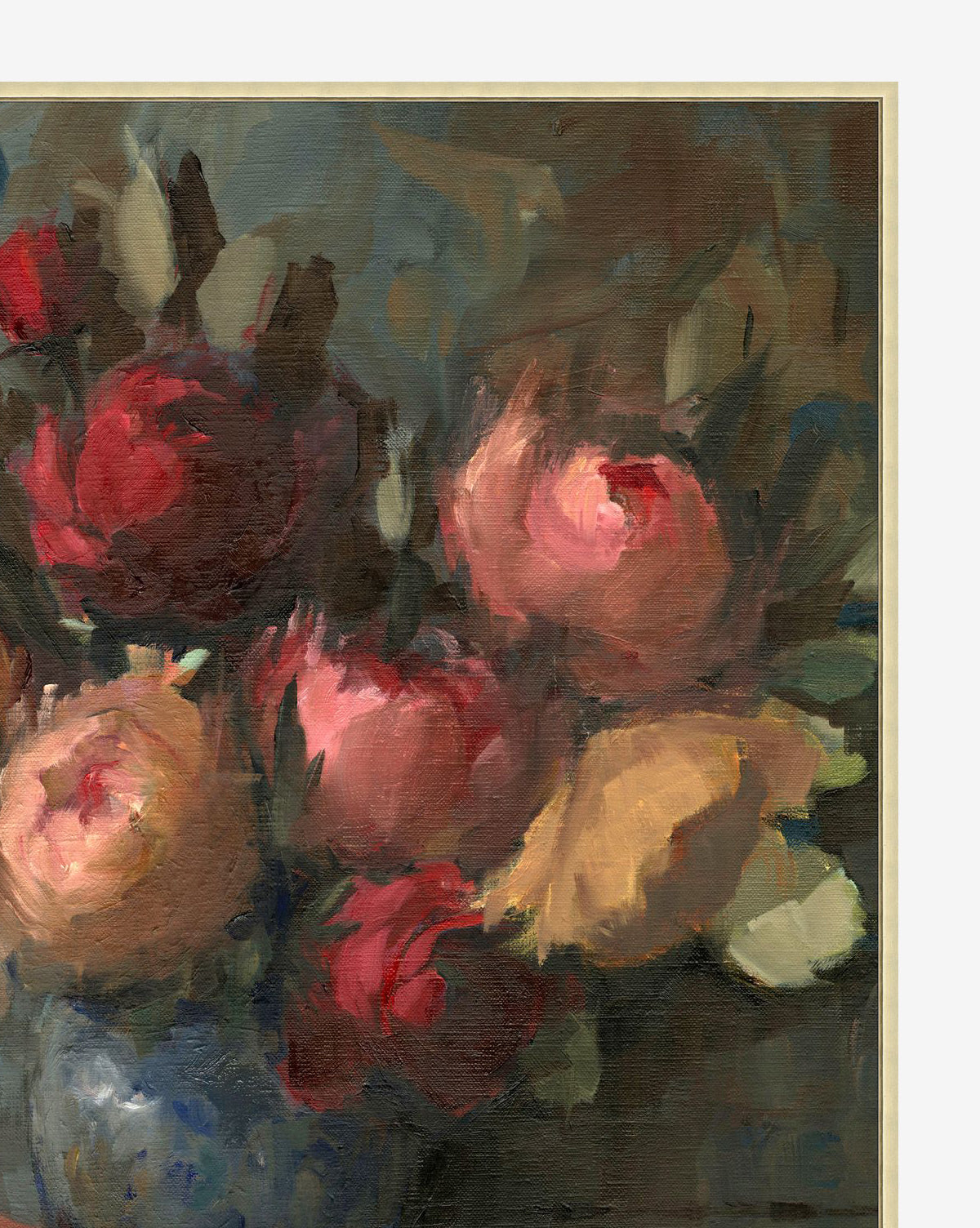 Floral Arrangement II showcases an impressionist still life with vibrant red, pink, and yellow flowers in a vase, painted in soft, blurred brushstrokes against a dark, muted background.