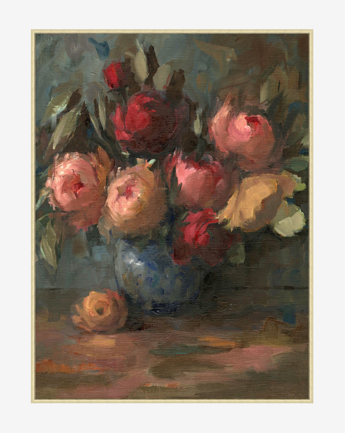 Floral Arrangement II is an oil painting featuring a blue vase with pink, red, and yellow flowers, green leaves, and a wooden surface set against a muted, textured background.