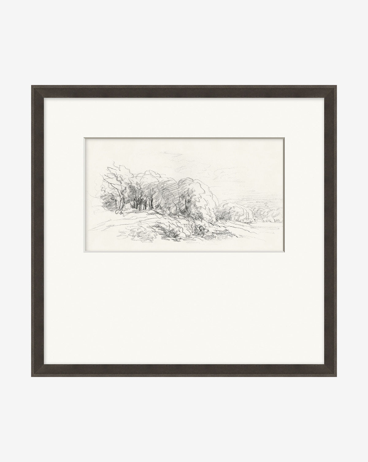 Sketch Landscape I: a framed pencil sketch of a hillside with trees and bushes under a cloudy sky, centered on a white mat with a dark, simple frame—a museum-quality addition to any space.