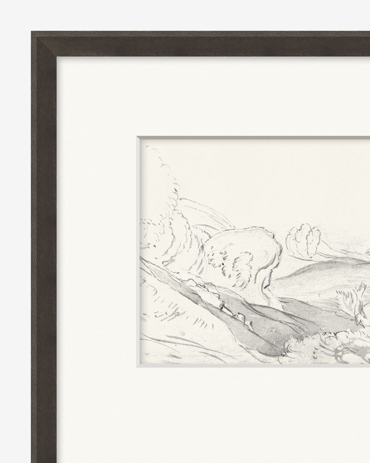 Sketch Landscape IIII is a framed black-and-white pencil sketch featuring trees, rolling hills, and a winding path; only part of the hillside scene is visible within its sleek black woodgrain frame.