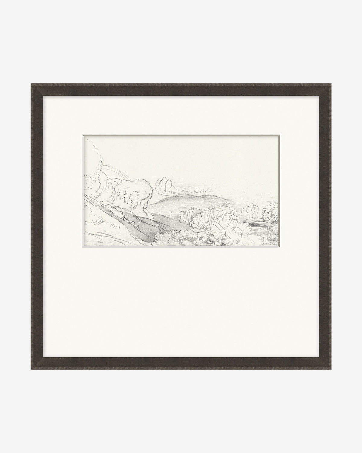 Sketch Landscape IIII is a framed pencil drawing depicting rolling hills with scattered bushes and trees, elegantly showcased on a white mat with a black woodgrain frame.