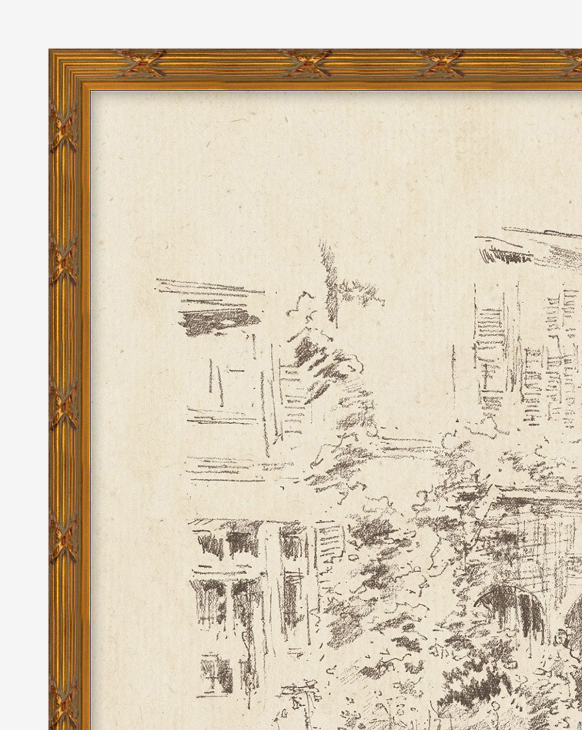 A close-up of the top left corner of City Sketch displays loosely drawn lines evoking windows and foliage, all set within a carved wooden frame on matte paper.