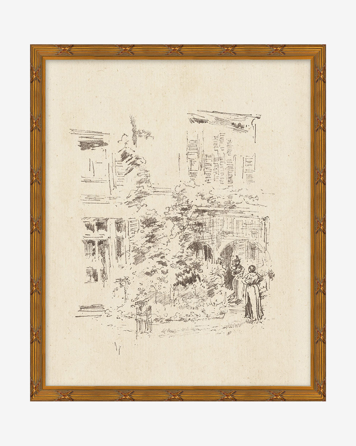 City Sketch is a framed black ink illustration on matte paper, featuring a person near a tree in front of a windowed building, all drawn with minimal lines for vintage charm.