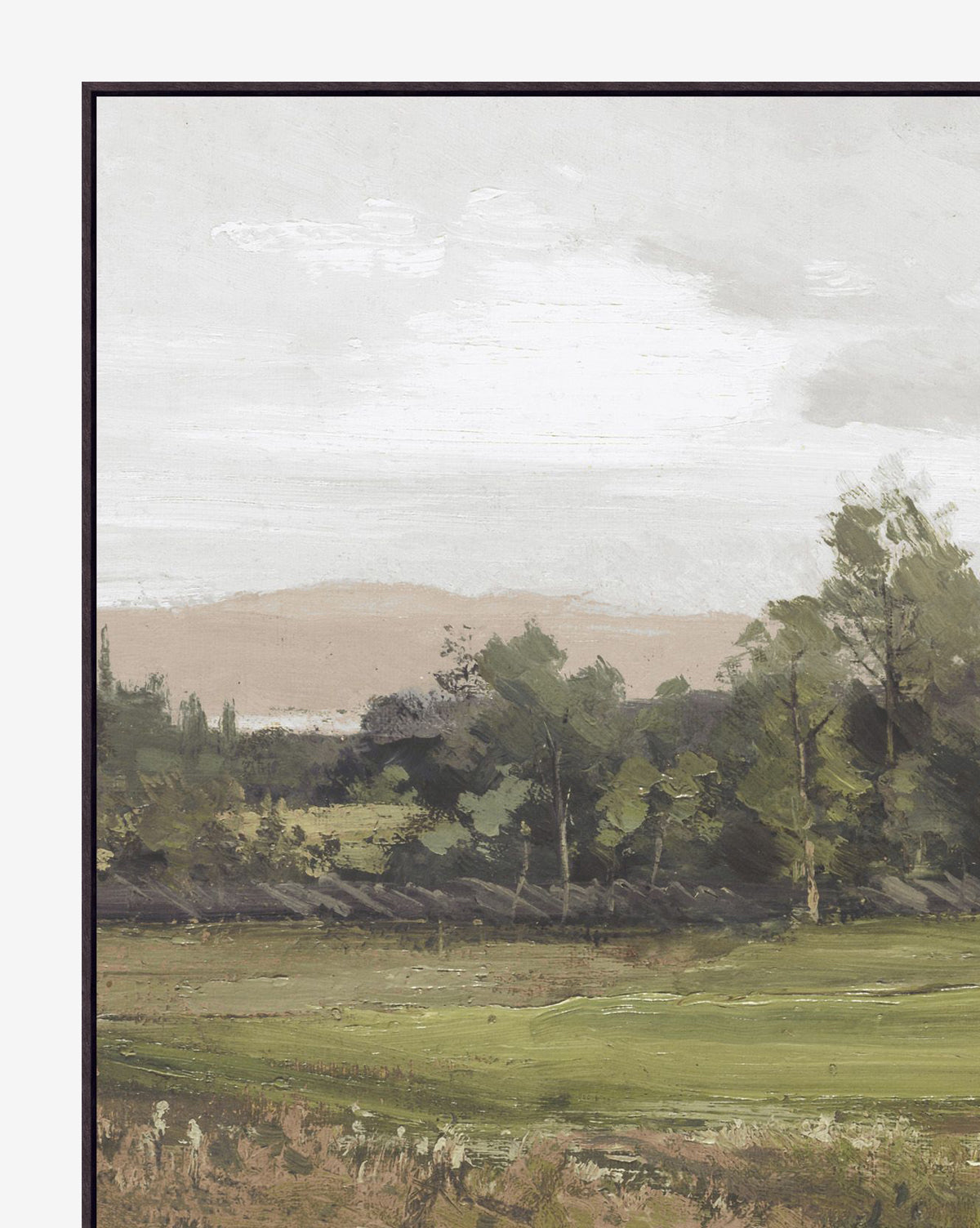 French Farmland is a giclee print landscape showcasing grassy fields, green trees, and hazy hills beneath a cloudy sky, elegantly presented in a classic wood frame.