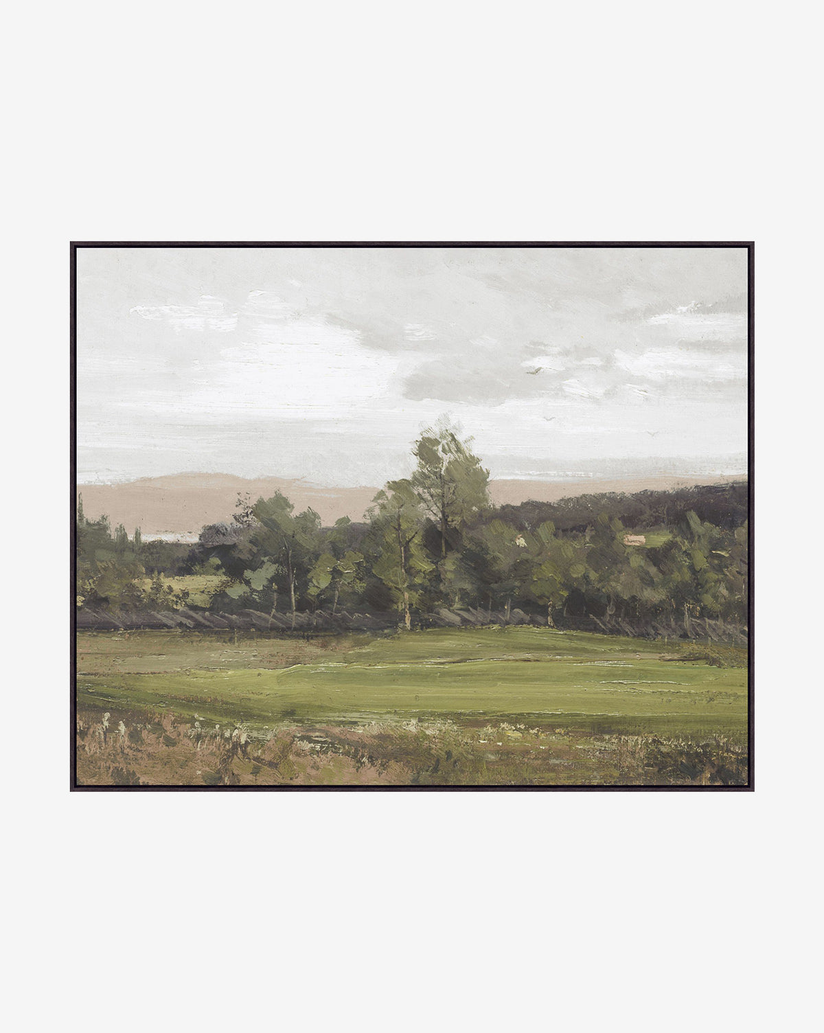 French Farmland is a stunning giclee print depicting a serene landscape with a grassy field, green trees, and a cloudy sky. Soft colors enhance the calm scene, beautifully presented in a classic wood frame.