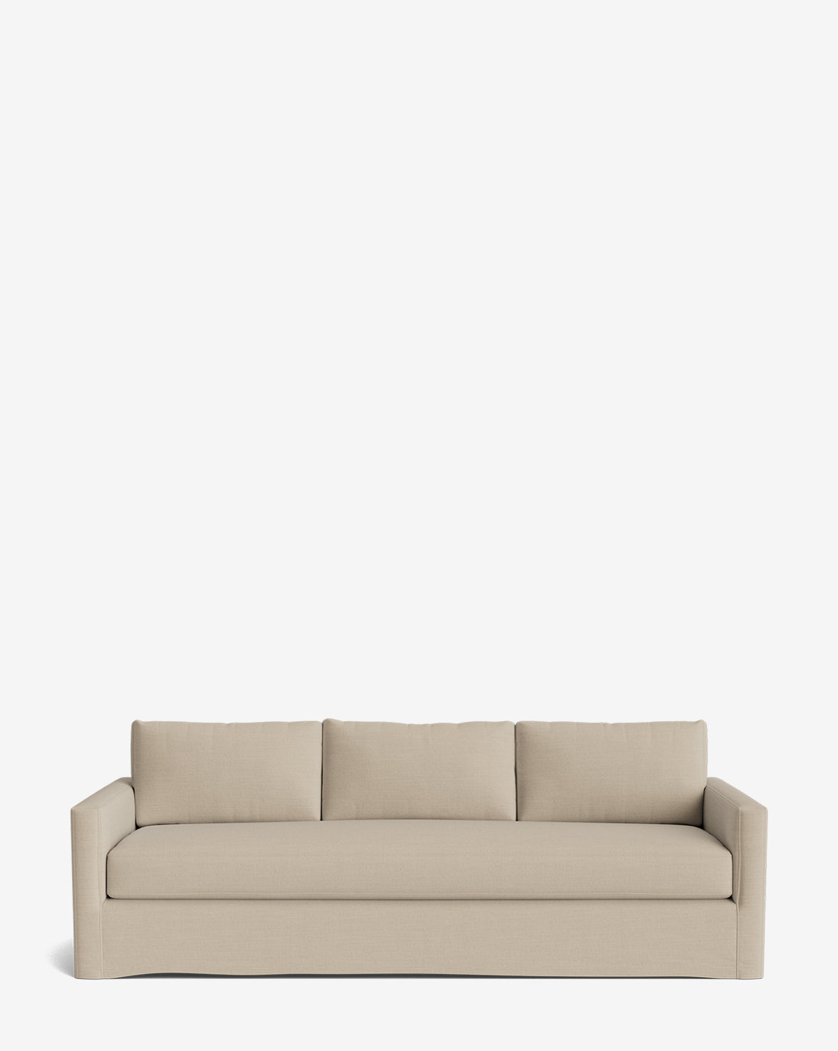 The Community Macy Slipcover Sofa (84-96) in beige features three seat and backrest cushions, straight arms, and a minimalist design—ideal as stylish living room furniture against a plain white background. McGee & Co.