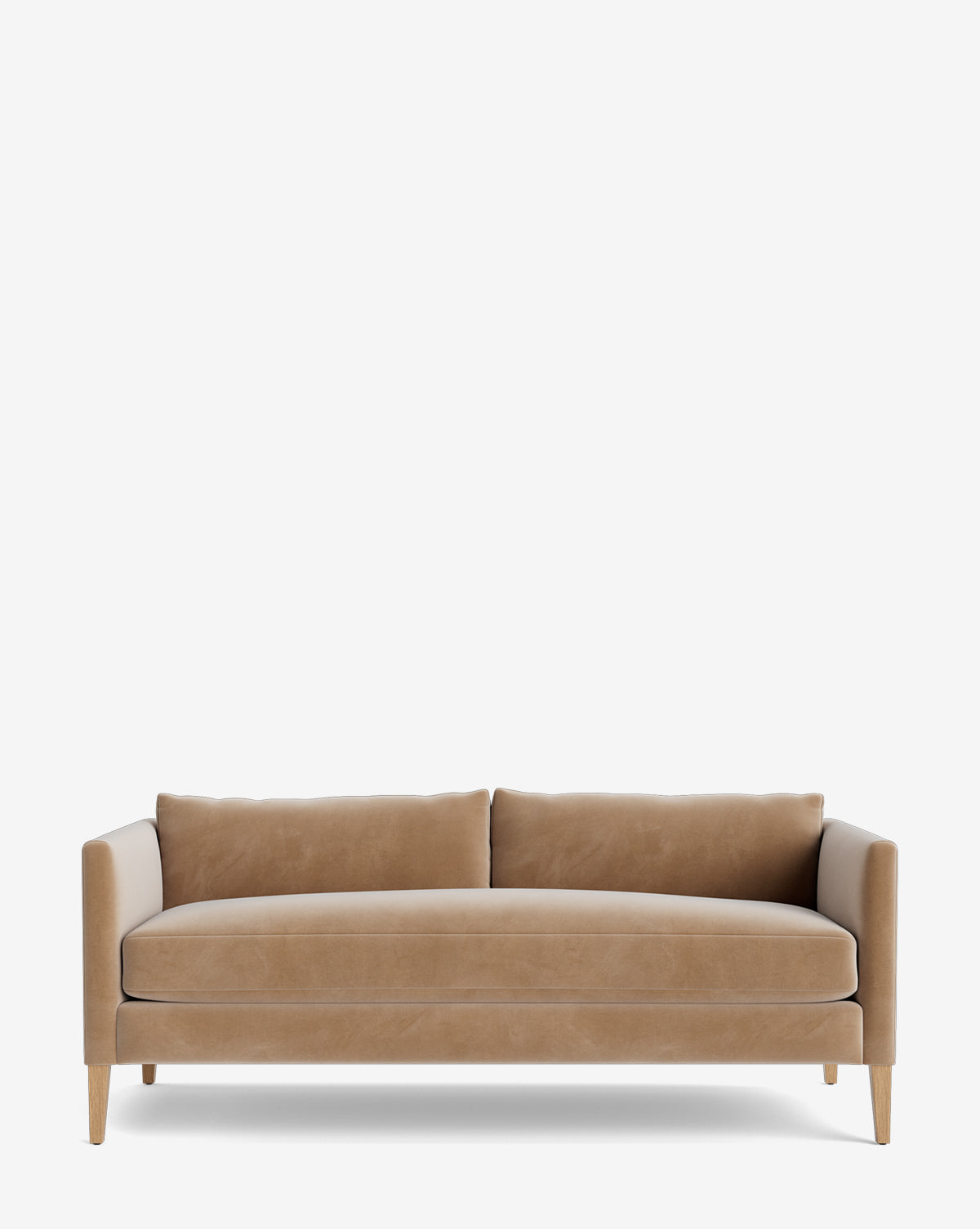 The Community Cade Sofa 80 features a modern tan design with a white oak frame, wooden legs, two back cushions, and straight armrests in minimalist style, shown on a plain white background. McGee & Co.