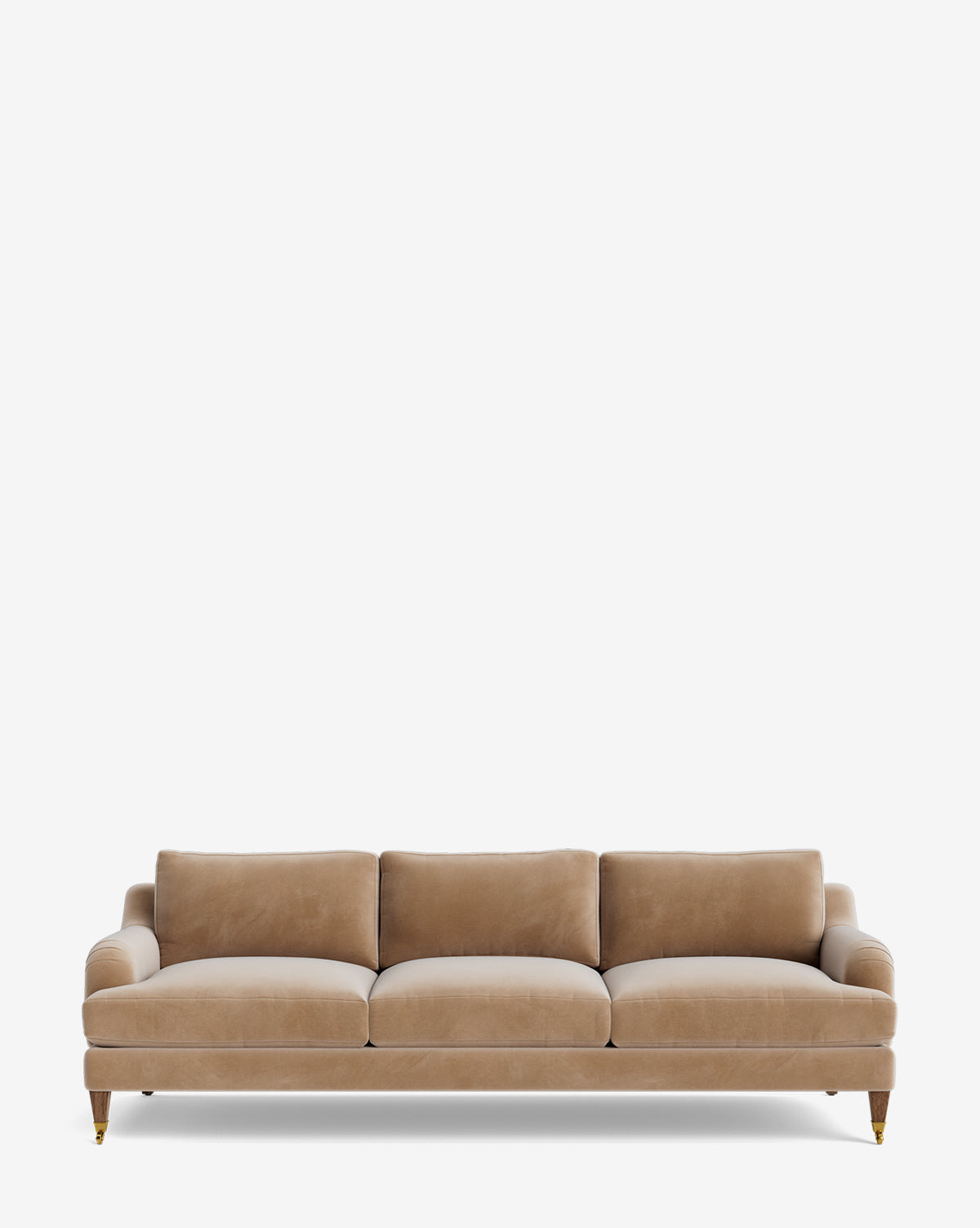 The Lucille English Roll Arm Sofa 90.5 features tan velvet upholstery, three down-wrapped cushions, classic English roll arms, and short wooden legs with gold casters, shown against a plain white background by McGee & Co.