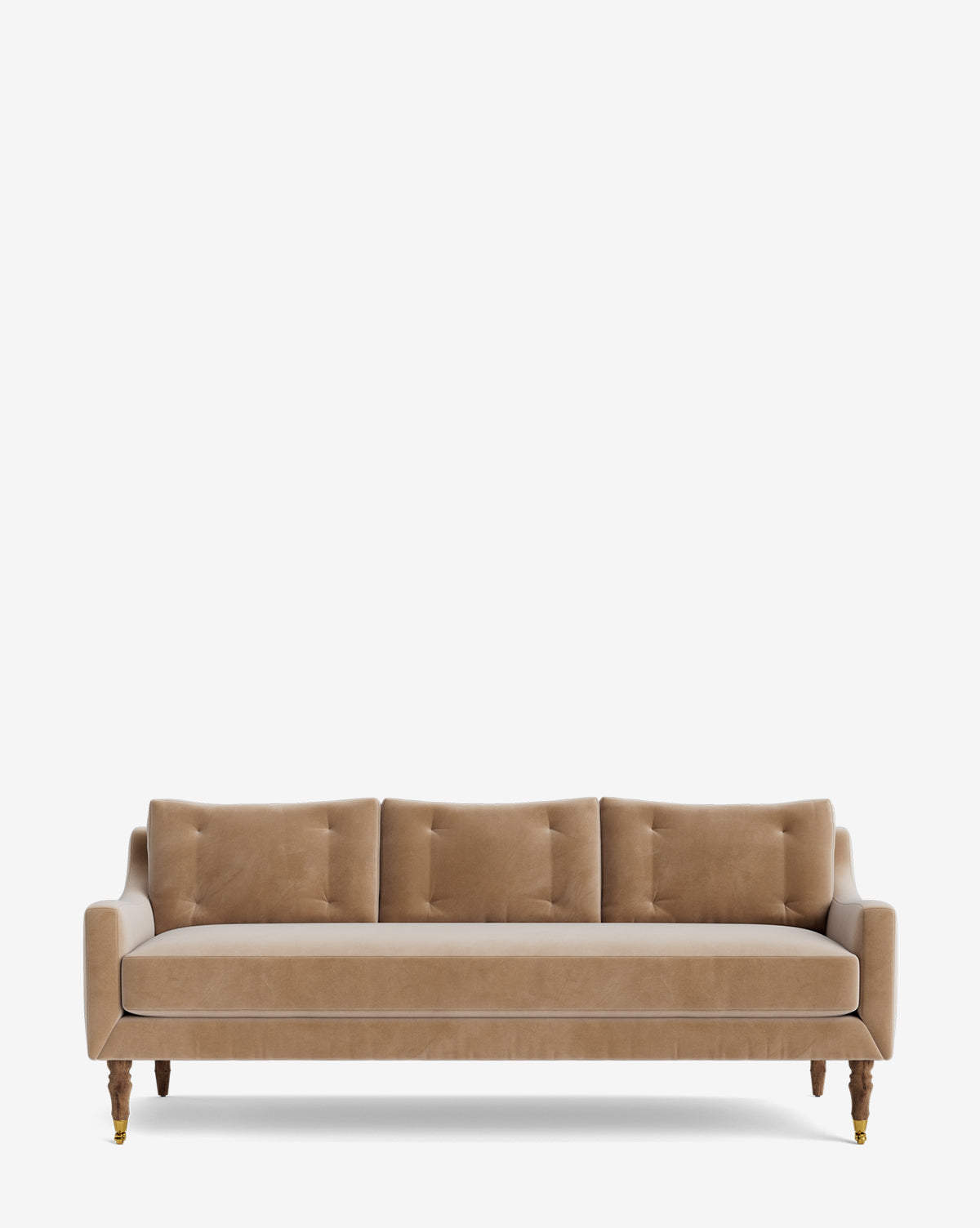 The Barden Sofa 84 showcases four square tufted cushions and reeded wood legs in a tan, mid-century modern style, displayed on a plain white background by McGee & Co.