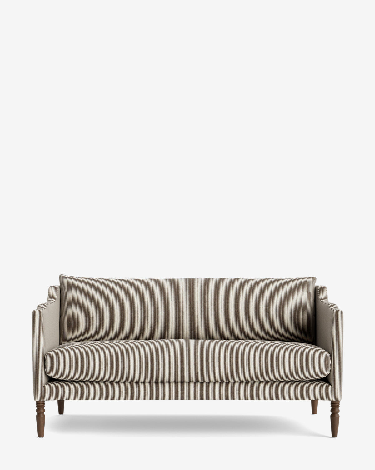 The Makerspalm Gemma Settee 65 (Ready to Ship) features a modern light gray design with vertical ribbed texture, straight arms, a long back cushion, and four dark wooden legs, shown against a plain white background. McGee & Co.