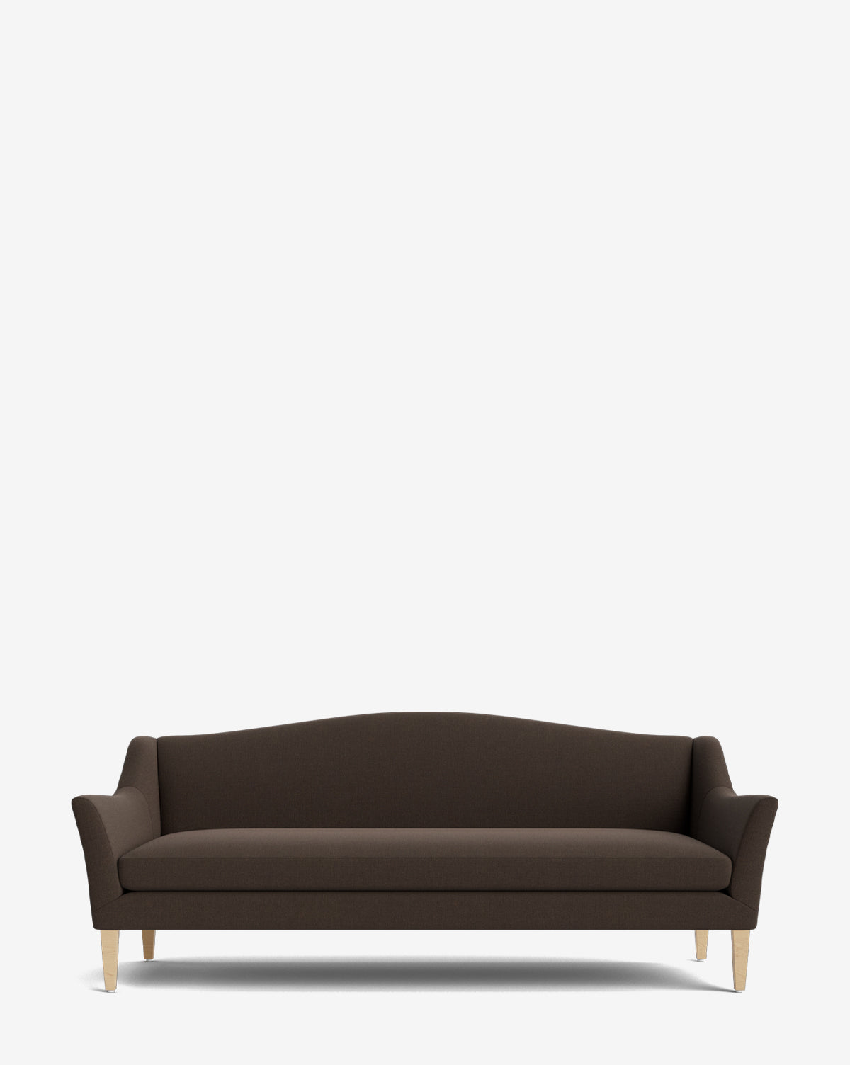 The Prudence Sofa 78 is a modern, dark brown upholstered piece with wooden legs, gently curved armrests, and a slightly arched backrest—a classic silhouette crafted from high-quality fabrics against a plain white background by McGee & Co.