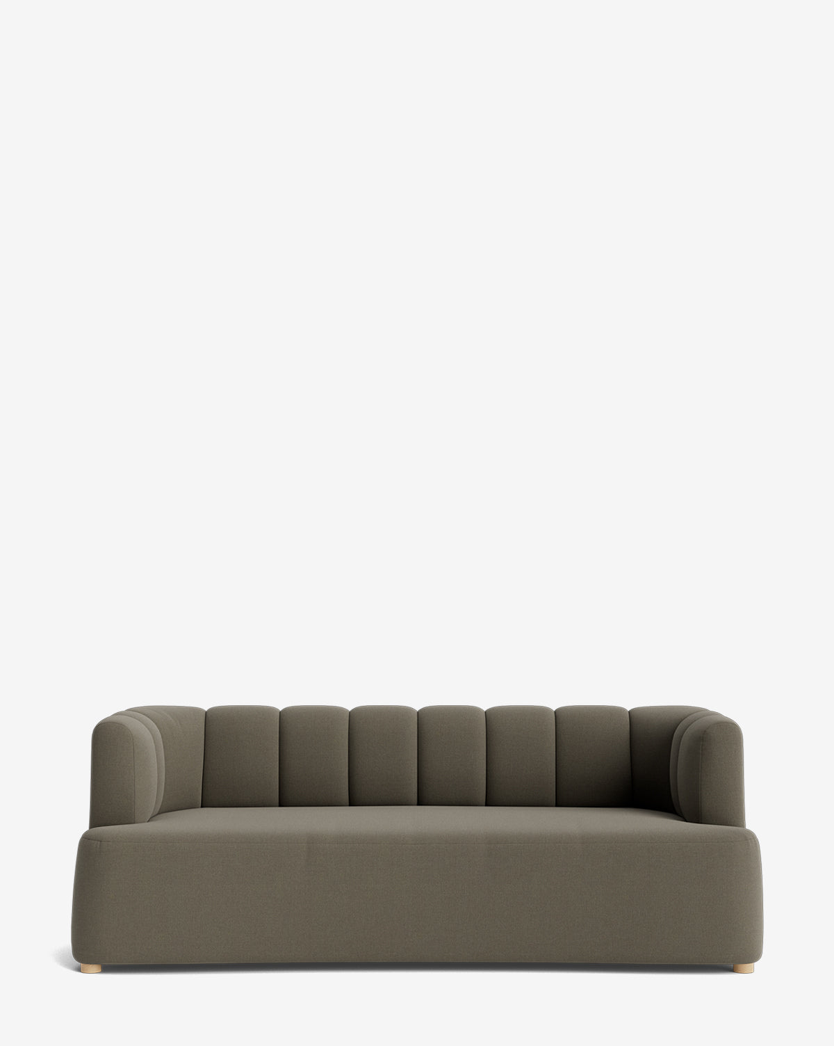 The Community Ines Sofa 90 features deep olive green velvet, a vertical tufted backrest, wide armrests, and wooden legs, presented against a plain white background by McGee & Co.