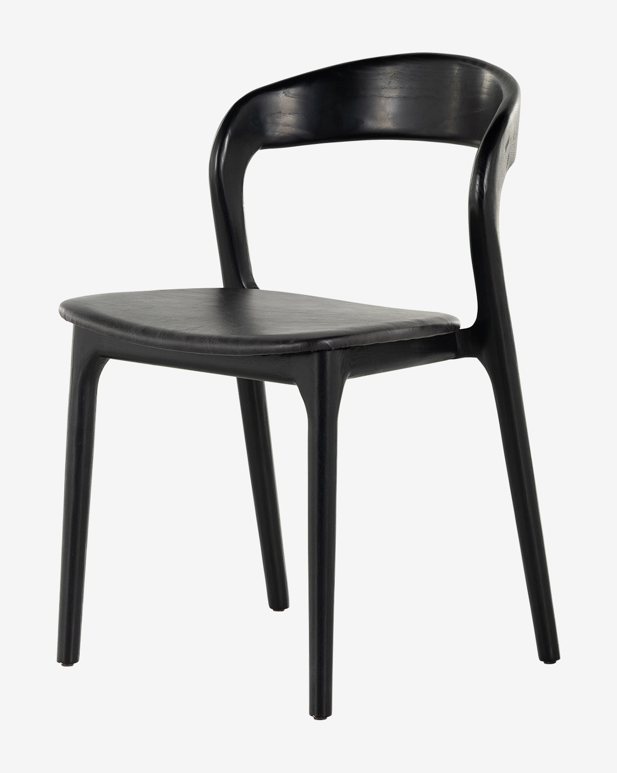 The Lucinda Dining Chair features a modern Scandinavian design with a curved backrest, four straight legs, and smooth top grain black leather, showcased against a plain white background by McGee & Co.