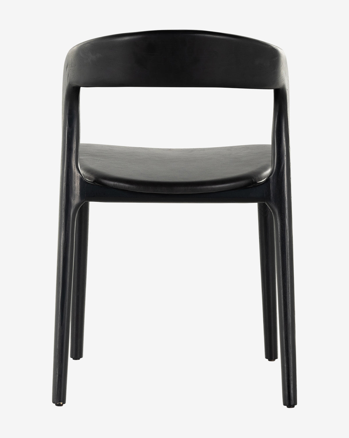 The Lucinda Dining Chair is a black, modern Scandinavian-style chair with a minimalist curved backrest and four straight legs, shown from the front against a plain white background by McGee & Co.