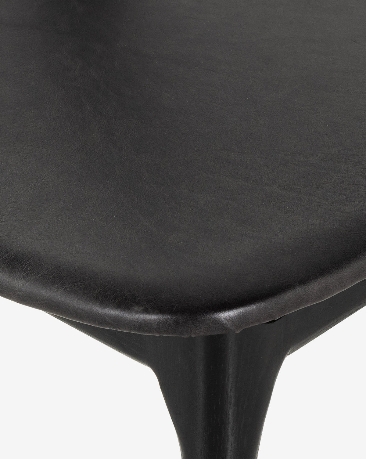Close-up view of the Lucinda Dining Chair in black top grain leather, featuring smooth, rounded edges and refined Scandinavian design, set against a plain white background by McGee & Co.