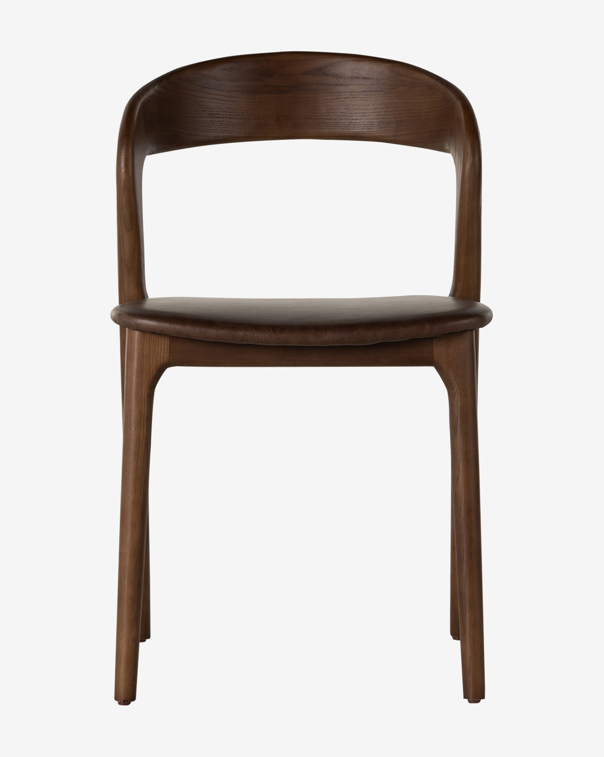 The Lucinda Dining Chair showcases modern Scandinavian design with a curved backrest and seat, smooth dark brown finish, and simple straight legs, seen from the front against a white background by McGee & Co.