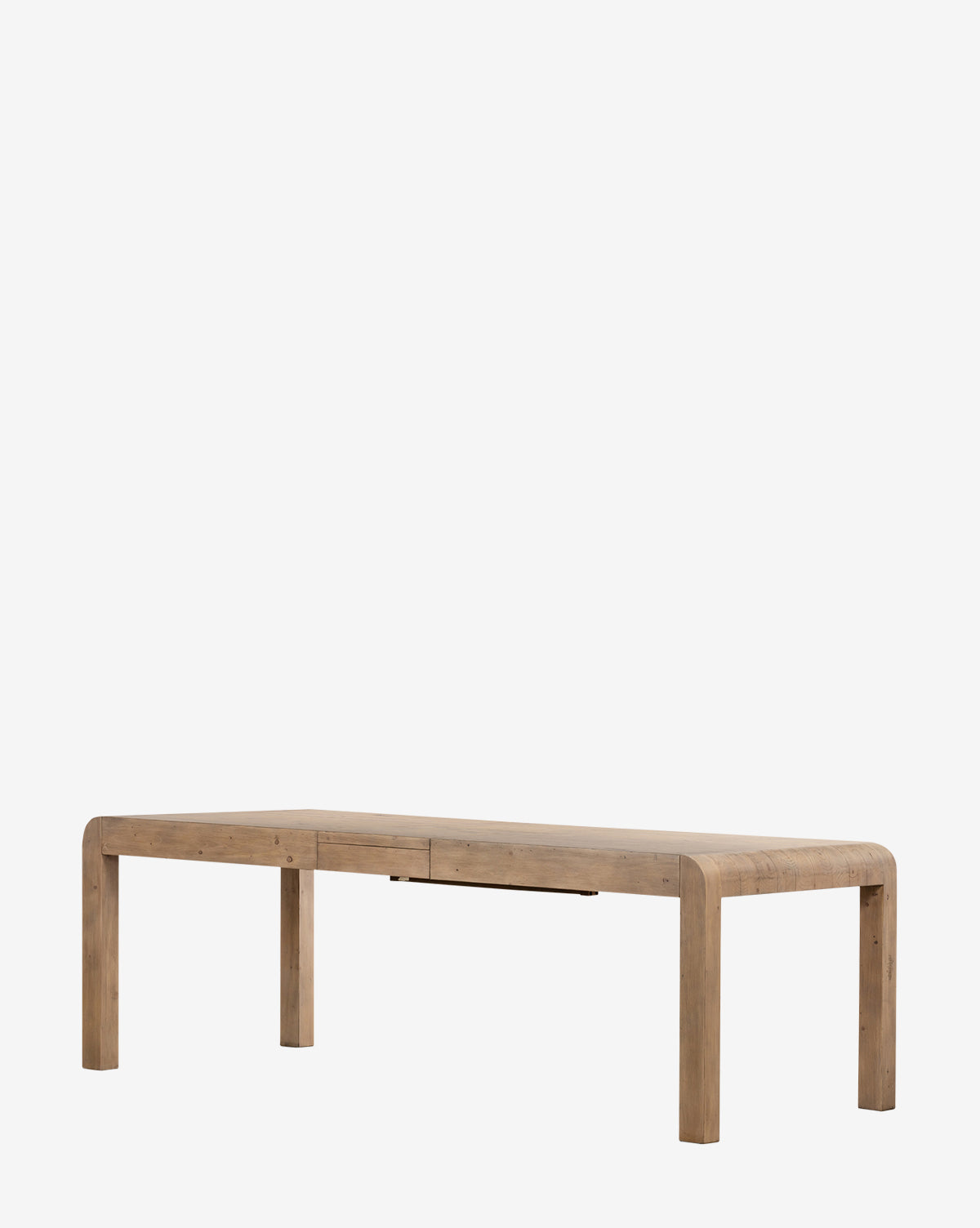 The Elisha Extension Dining Table features a rectangular reclaimed wood top, four thick rounded legs, smooth edges, and a modern minimalist design, shown here against a plain white background by McGee & Co.